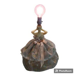 Vintage Lady In Dress MCM Lamp Celluloid Plastic Floral Swiss Dot Hoop Skirt